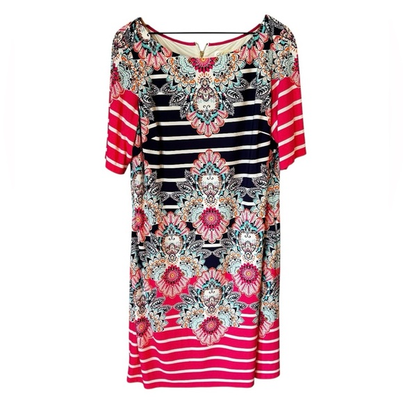 Eliza J. Floral Kaleidoscope Pink Striped Print Shift Jersey Dress Plus Size 14W - Picture 2 of 7